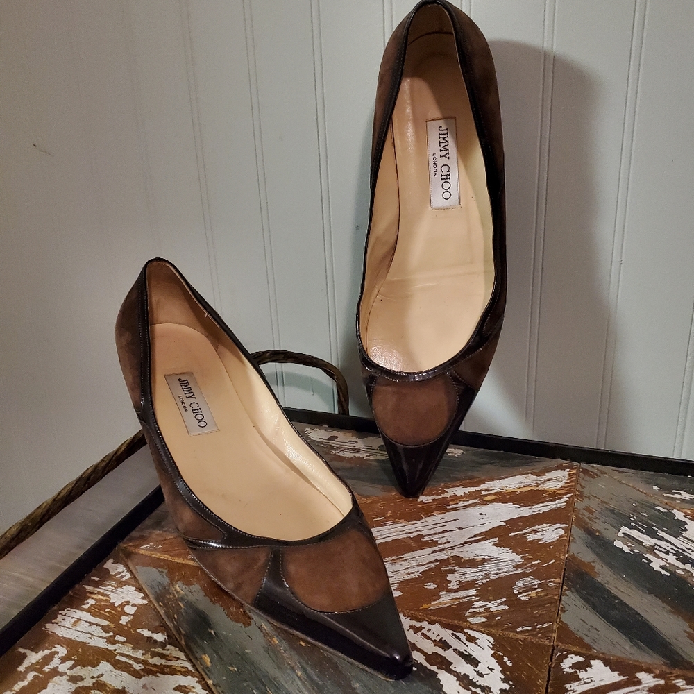 Jimmy Choo Y2k Romy Suede Point-Toe flats patent leather accents womens 10